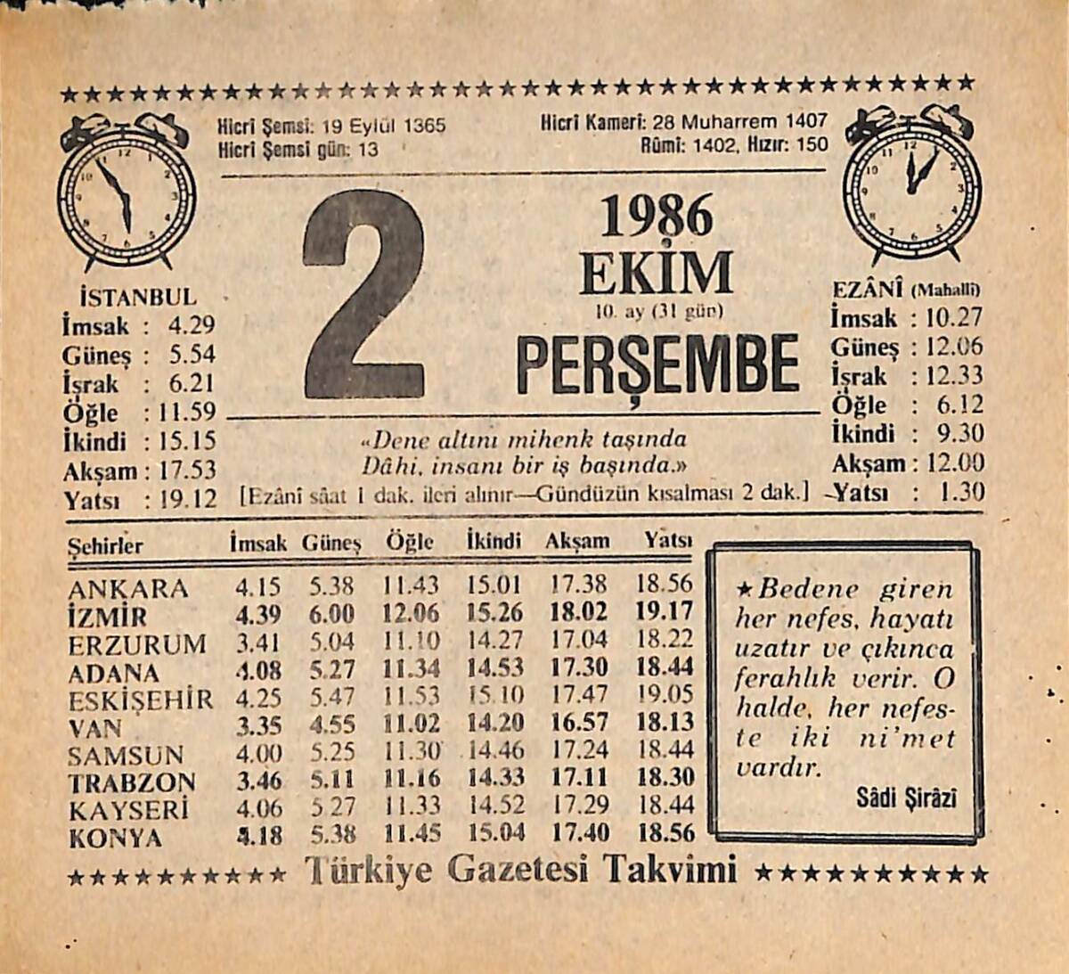 2 Ekim 1986 Takvim Yaprağı - Doğum Günü Hediyesi EFMN14929 - 1