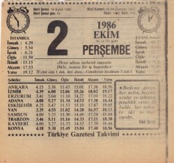 2 Ekim 1986 Takvim Yaprağı EFM(N)3065 - Gökçekoleksiyon