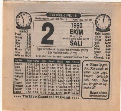 2 Ekim 1990 Takvim Yaprağı EFM(N)3127 - 3