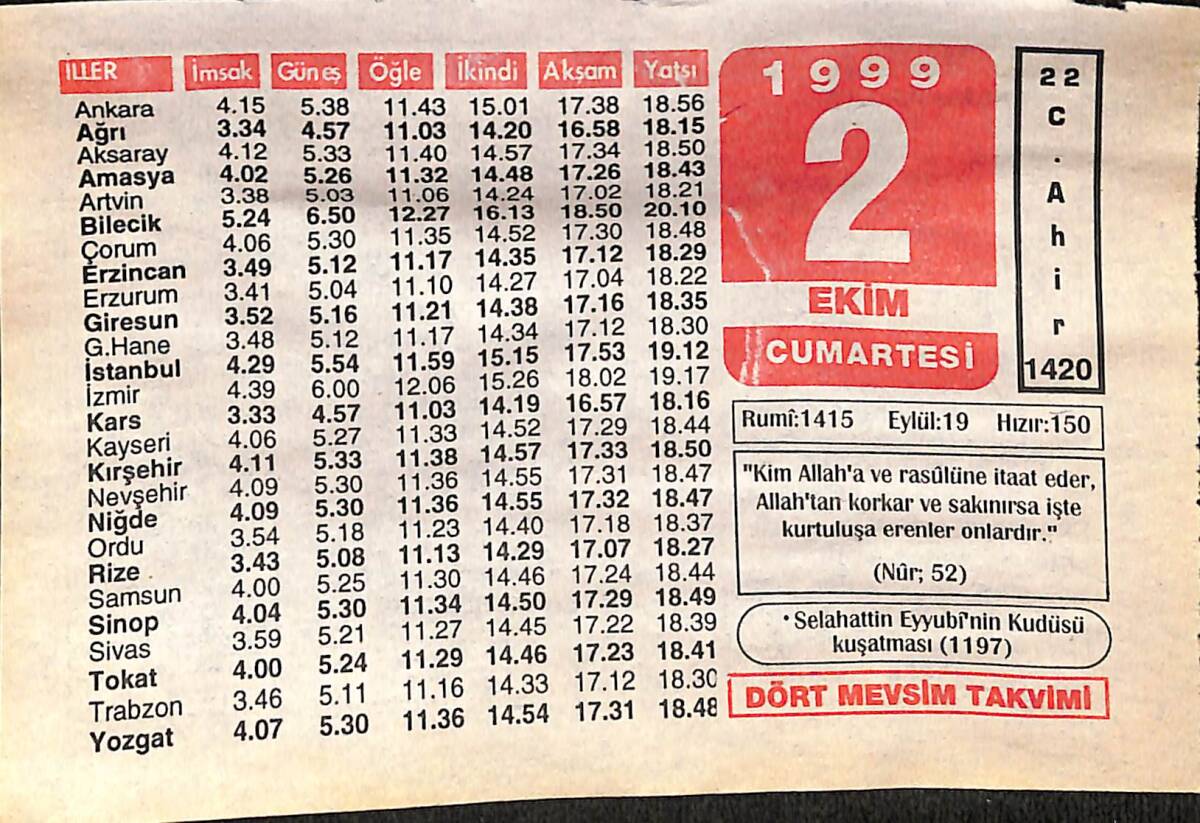 2 Ekim 1999 Takvim Yaprağı - Doğum Günü Hediyesi EFMN14085 - 1