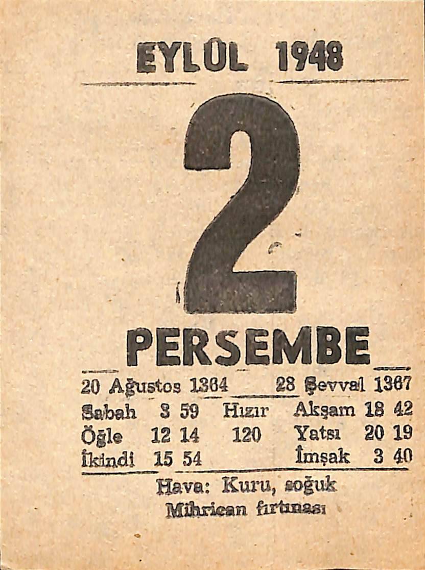 2 Eylül 1948 Takvim Yaprağı - Doğum Günü Hediyesi EFMN14405 - 1