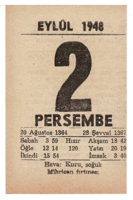 2 Eylül 1948 Takvim Yaprağı EFM856 - 1