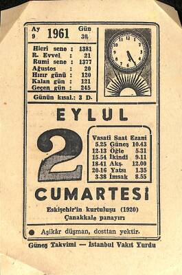 2 Eylül 1961 Takvim Yaprağı - Doğum Günü Hediyesi EFM(N)11222 - 1