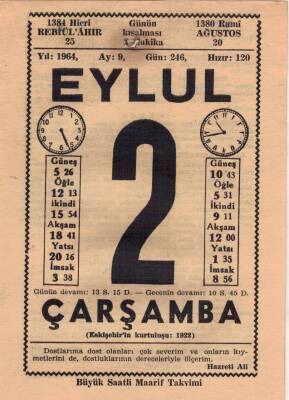 2 Eylül 1964 Takvim Yaprağı EFM(N)3497 - 2