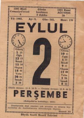 2 Eylül 1965 Takvim Yaprağı EFM(N)3496 - 3