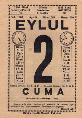 2 Eylül 1966 Takvim Yaprağı EFM(N)3499 - 3