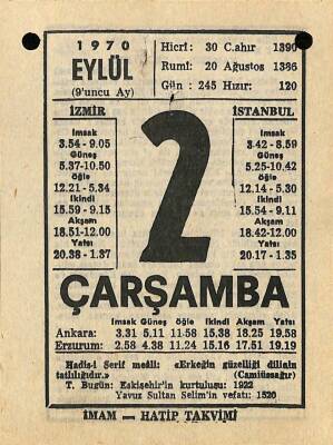 2 Eylül 1970 Takvim Yaprağı - Doğum Günü Hediyesi EFM(N)9878 - 2