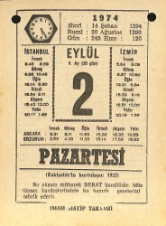 2 Eylül 1974 Takvim Yaprağı - Doğum Günü Hediyesi EFM(N)12172 - Gökçekoleksiyon