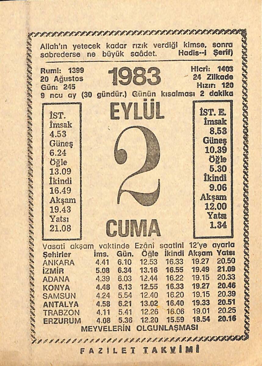 2 Eylül 1983 Takvim Yaprağı - Doğum Günü Hediyesi EFMN15377 - 1