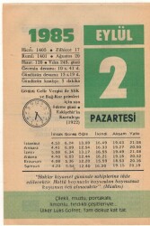 2 Eylül 1985 Takvim Yaprağı EFM(N)2596 - Gökçekoleksiyon