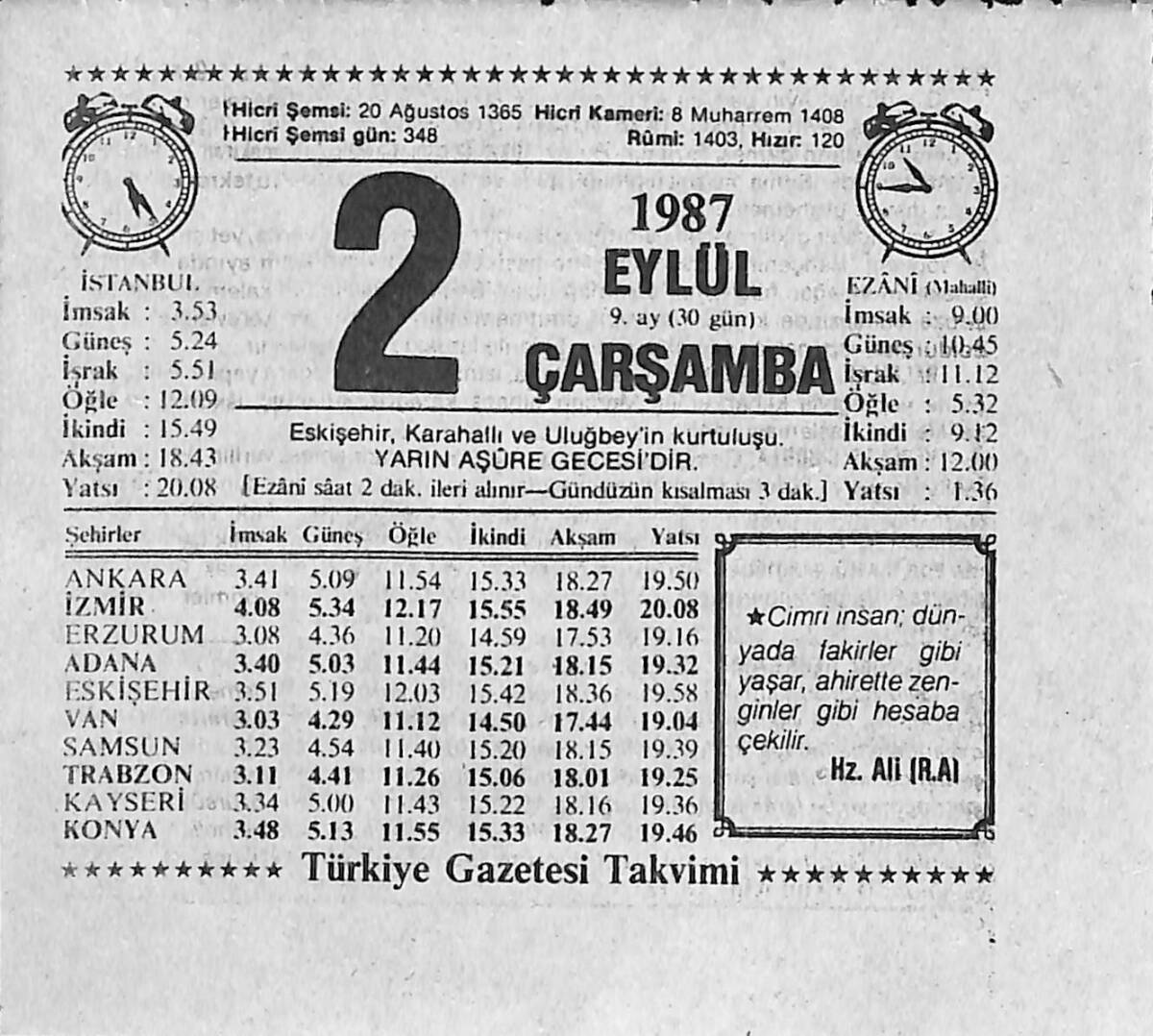 2 Eylül 1987 Takvim Yaprağı - Doğum Günü Hediyesi EFMN13937 - 1