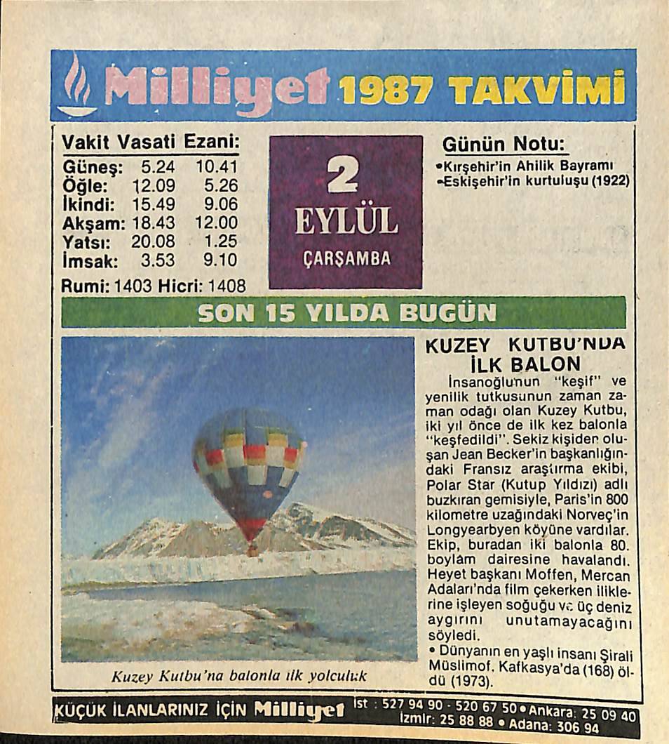 2 Eylül 1987 Takvim Yaprağı - Doğum Günü Hediyesi EFMN14119 - 1