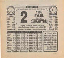 2 Eylül 1989 Takvim Yaprağı EFM(N)2599 - Gökçekoleksiyon