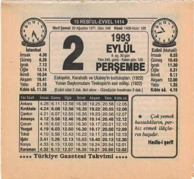 2 Eylül 1993 Takvim Yaprağı EFM(N)2601 - 1