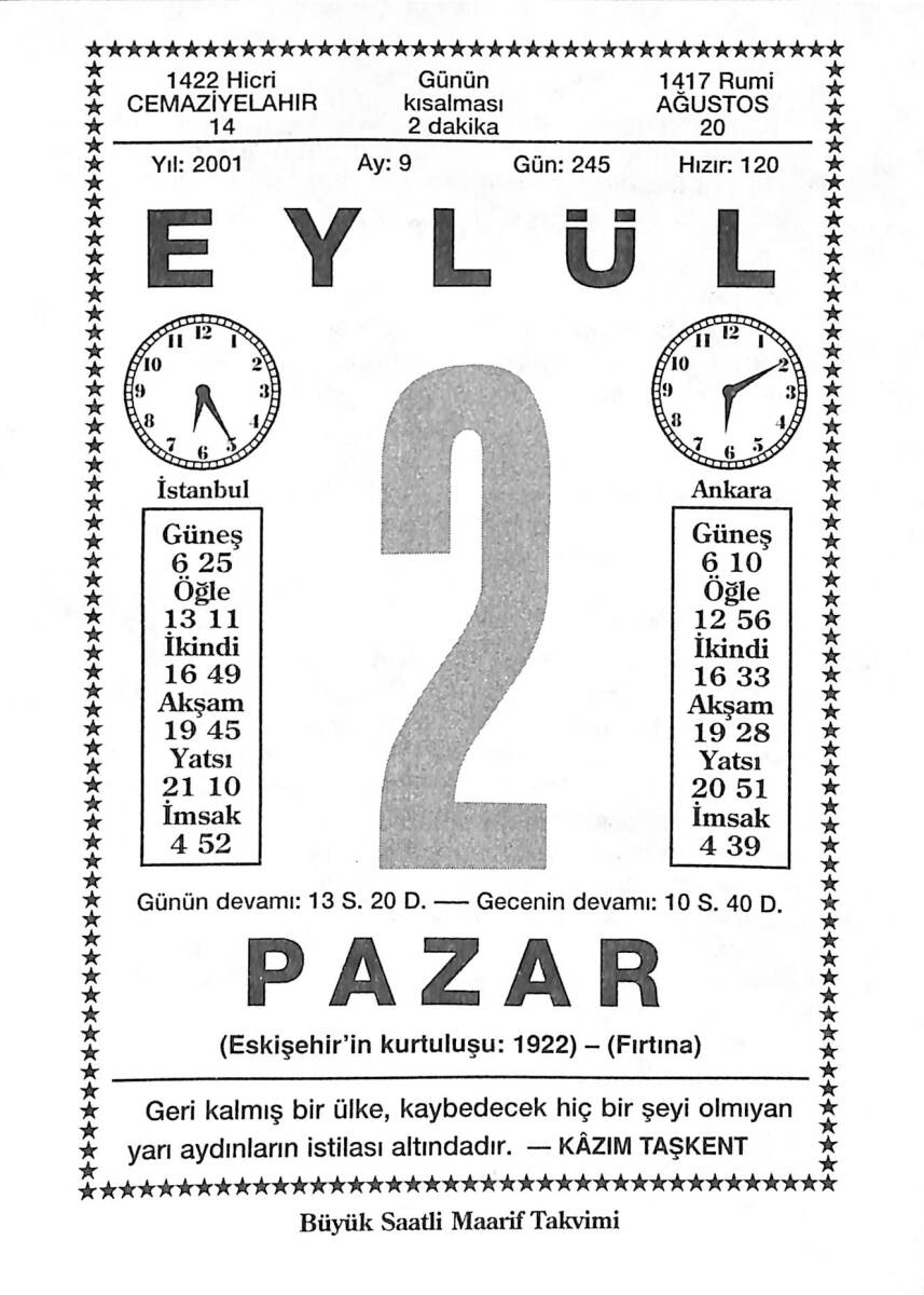 2 Eylül 2001 Takvim Yaprağı - Doğum Günü Hediyesi EFMN14197 - 1