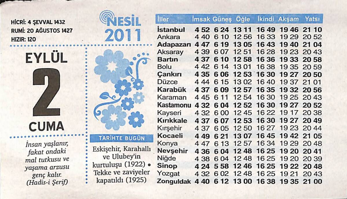 2 Eylül 2011 Takvim Yaprağı - Doğum Günü Hediyesi EFMN14348 - 1