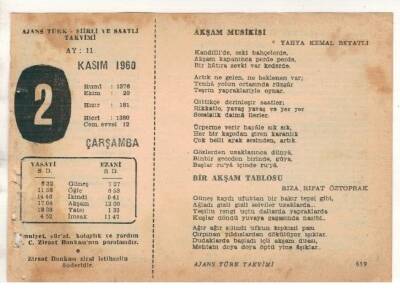 2 Kasım 1960 Ajans Türk Takvim Yaprağı (Şiirli Saatli) EFM(N) 1768 - 1