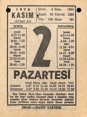2 Kasım 1970 Takvim Yaprağı - Doğum Günü Hediyesi EFM(N)10734 - 1