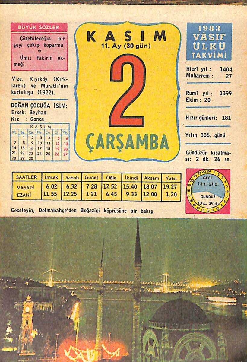 2 Kasım 1983 Takvim Yaprağı - Doğum Günü Hediyesi EFMN15959 - 1