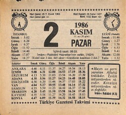 2 Kasım 1986 Takvim Yaprağı - Doğum Günü Hediyesi EFMN14899 - Gökçekoleksiyon