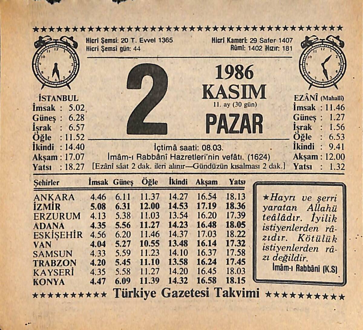 2 Kasım 1986 Takvim Yaprağı - Doğum Günü Hediyesi EFMN14899 - 1