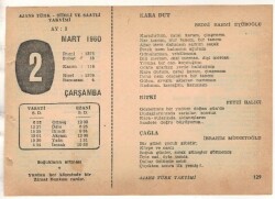 2 Mart 1960 Ajans Türk Takvim Yaprağı (Şiirli Saatli) EFM(N)1529 - 2