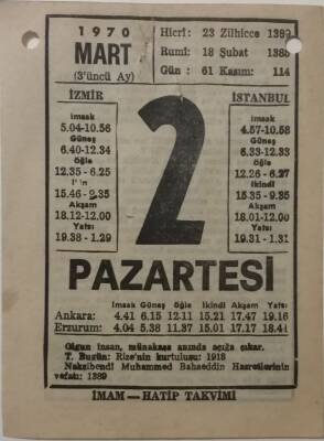 2 Mart 1970 Takvim Yaprağı - Doğum Günü Hediyesi EFM(N)7946 - 1
