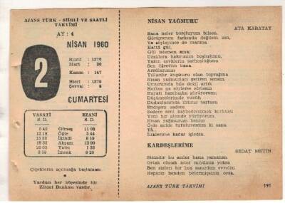 2 Nisan 1960 Ajans Türk Takvim Yaprağı (Şiirli Saatli) EFM(N)1559 - 3