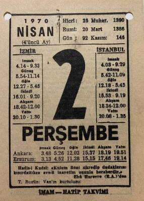 2 Nisan 1970 Takvim Yaprağı - Doğum Günü Hediyesi EFM(N)8258 - 1