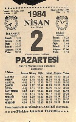 2 Nisan 1984 Takvim Yaprağı - Doğum Günü Hediyesi EFM(N)11259 - Gökçekoleksiyon