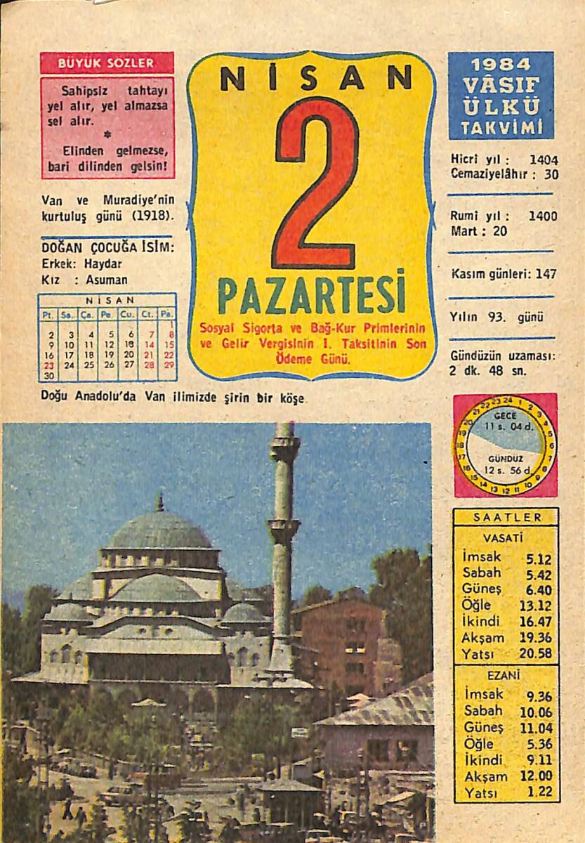 2 Nisan 1984 Takvim Yaprağı - Doğum Günü Hediyesi EFMN15193 - 1