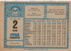 2 Ocak 1988 Takvim Yaprağı EFM(N)4896 - Gökçekoleksiyon