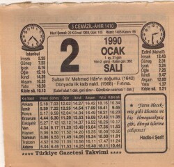 2 Ocak 1990 Takvim Yaprağı EFM(N)4679 - Gökçekoleksiyon