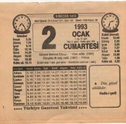 2 Ocak 1993 Takvim Yaprağı EFM(N)4834 - Gökçekoleksiyon