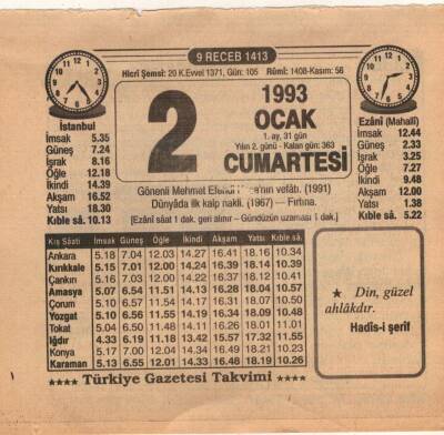 2 Ocak 1993 Takvim Yaprağı EFM(N)4834 - 1
