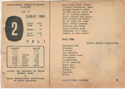 2 Şubat 1960 Ajans Türk Takvim Yaprağı (Şiirli Saatli) EFM(N)1500 - 4