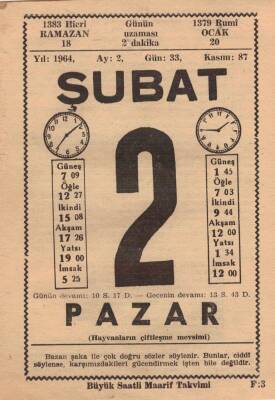 2 Şubat 1964 Takvim Yaprağı EFM(N)5712 - 2