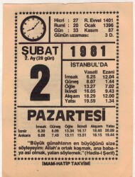 2 Şubat 1981 Takvim Yaprağı EFM(N)5410 - Gökçekoleksiyon