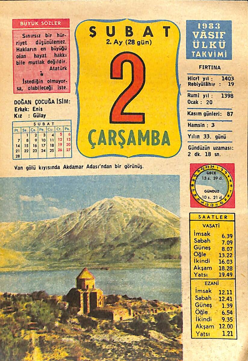 2 Şubat 1983 Takvim Yaprağı - Doğum Günü Hediyesi EFMN15077 - 1