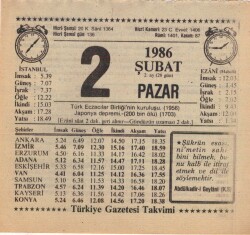 2 Şubat 1986 Takvim Yaprağı EFM(N)5213 - Gökçekoleksiyon