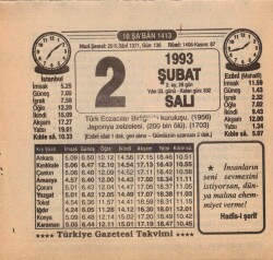 2 Şubat 1993 Takvim Yaprağı EFM(N)5297 - Gökçekoleksiyon