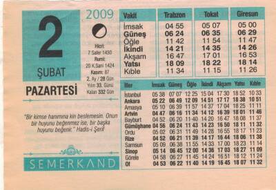 2 Şubat 2009 Takvim Yaprağı EFM(N)5607 - 2