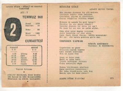 2 Temmuz 1960 Ajans Türk Takvim Yaprağı (Şiirli Saatli) EFM(N)1649 - 1