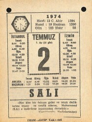 2 Temmuz 1974 Takvim Yaprağı - Doğum Günü Hediyesi EFM(N)12129 - Gökçekoleksiyon