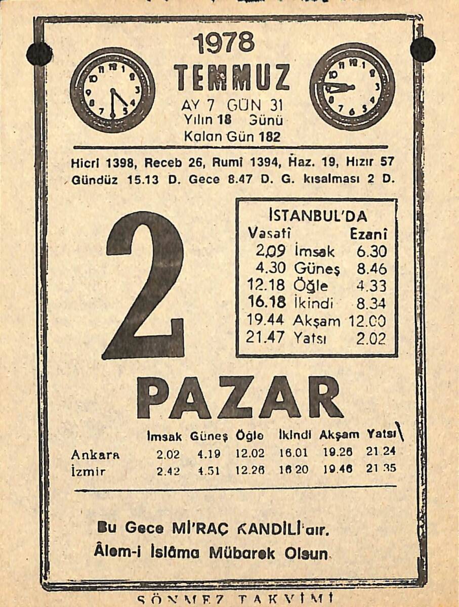 2 Temmuz 1978 Takvim Yaprağı - Doğum Günü Hediyesi EFMN15358 - 1