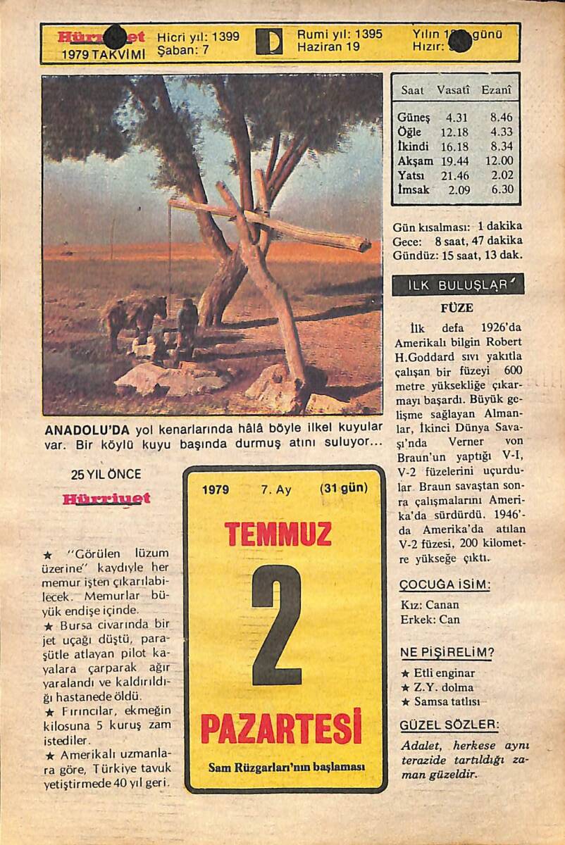 2 Temmuz 1979 Takvim Yaprağı - Doğum Günü Hediyesi EFMN14440 - 1