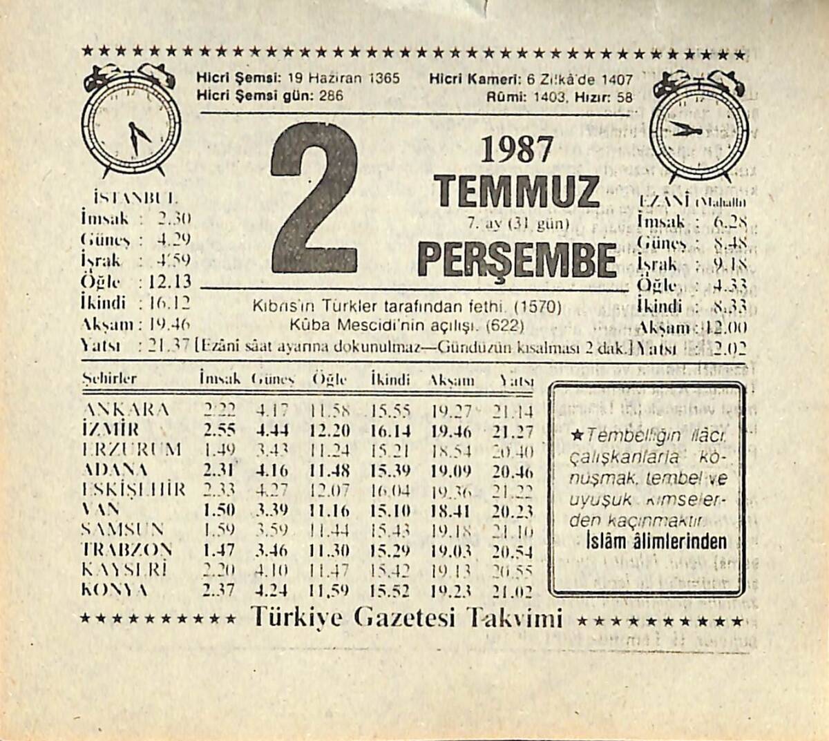 2 Temmuz 1987 Takvim Yaprağı - Doğum Günü Hediyesi EFMN13814 - 1