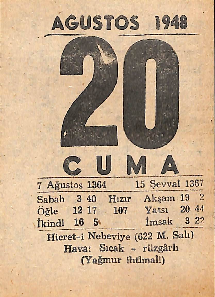 20 Ağustos 1948 Takvim Yaprağı - Doğum Günü Hediyesi EFMN14418 - 1