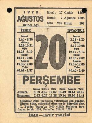 20 Ağustos 1970 Takvim Yaprağı - Doğum Günü Hediyesi EFM(N)9687 - 2