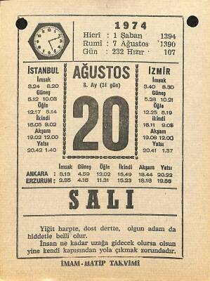 20 Ağustos 1974 Takvim Yaprağı - Doğum Günü Hediyesi EFM(N)12197 - 1